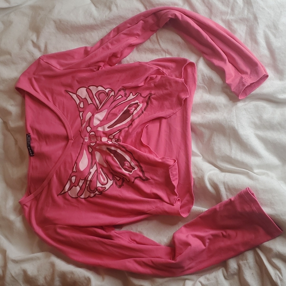 Shein large long sleeve pink butterfly crop top